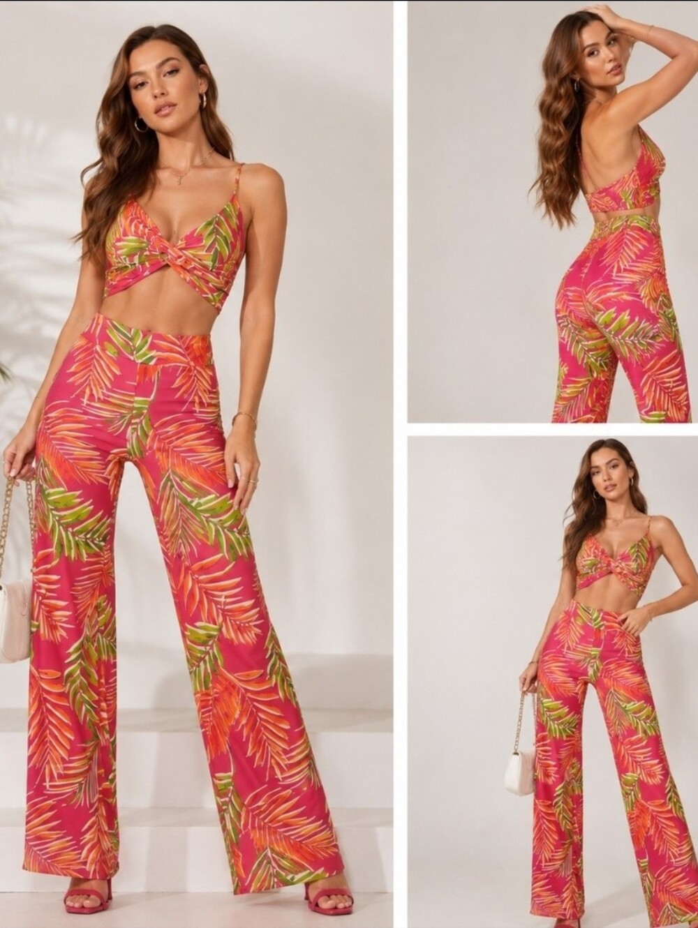 2 Piece Tropical Pink and Green Leaf Print Crop Top And Flare Pants Size Small